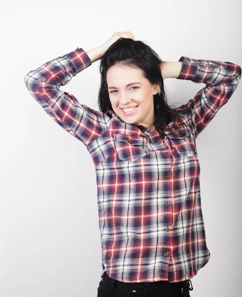 Woman wearing casual clothes, posing on white background — Stock Photo, Image