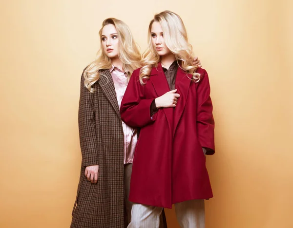 Portré két lány, legjobb barátok pózol beltéri bézs háttér visel téli stílusos kabát. — Stock Fotó