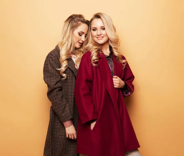 Porträtt av två flickor, bästa vänner poserar inomhus på beige bakgrund bär vinter elegant jacka. — Stockfoto