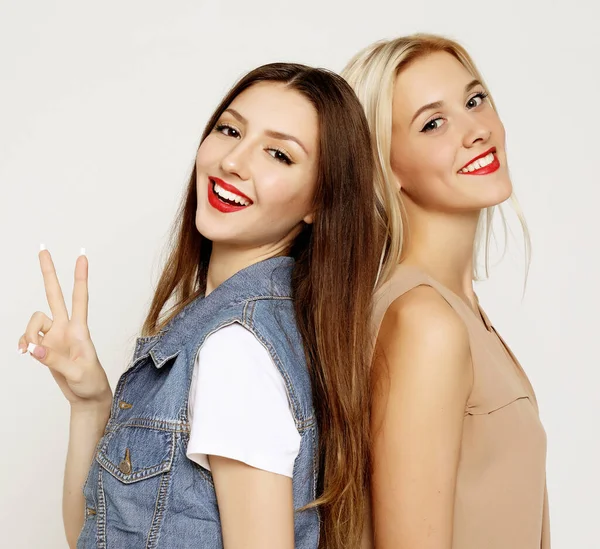 Livsstil och människor koncept: två unga flickvänner står tillsammans och har kul. — Stockfoto