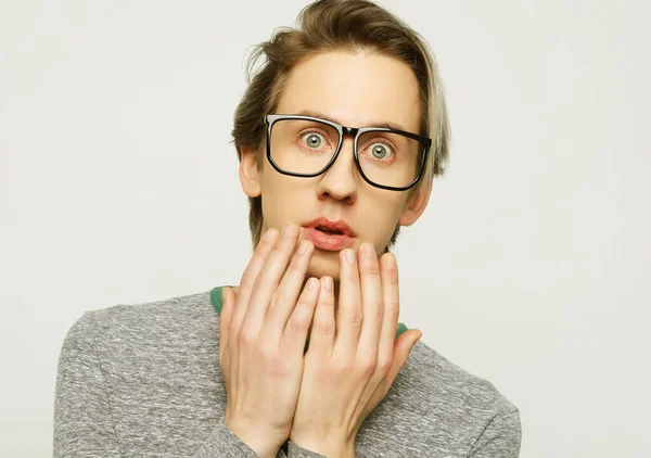 Astonished young crazy man feels stress. — Stock Photo, Image