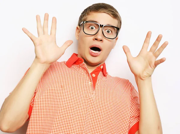 Astonished young crazy man feels stress. — Stock Photo, Image