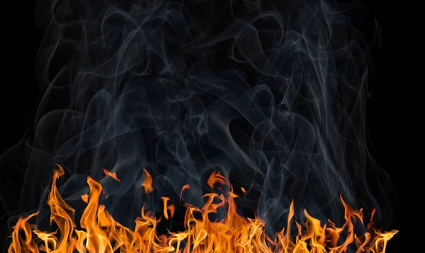 Gelber Feuerstreifen mit Rauch auf schwarzem Grund — Stockfoto