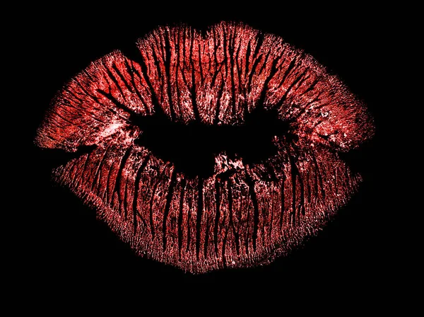 Lábios vermelho beijo no preto — Fotografia de Stock
