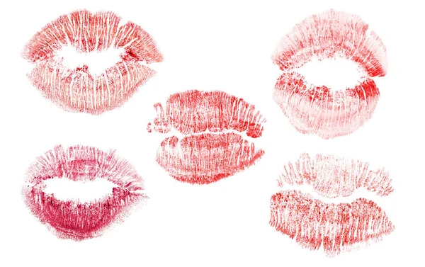 Set of  five red lips imprint isolated on white — Stock Photo, Image