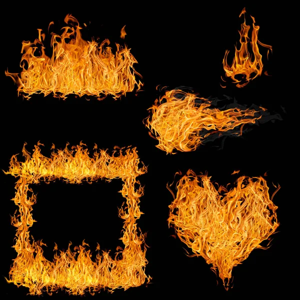 Uppsättning av orange eld element samling på svart — Stockfoto