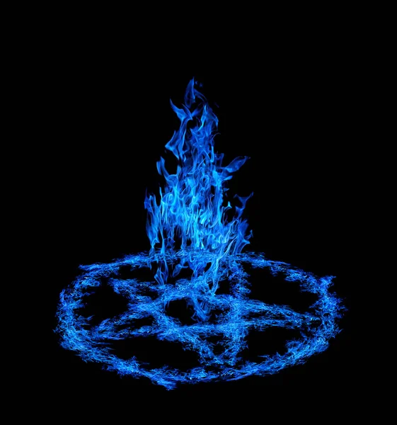 Blå eld pentagram isolerade på svart — Stockfoto