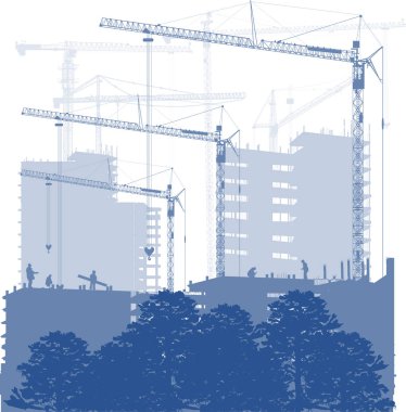 Konut Yapı ve Vinçler illüstrasyon mavi