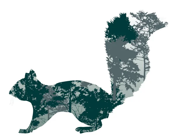 Gröna ekorre siluett från träd grenar på vit — Stock vektor
