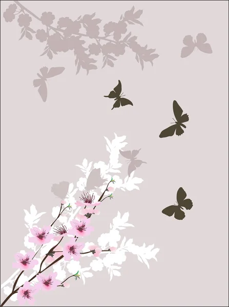 Primavera árvore rosa ramos florescentes e borboletas escuras —  Vetores de Stock
