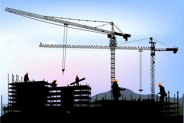 Vijf werknemers en twee kranen bouw huis — Stockvector
