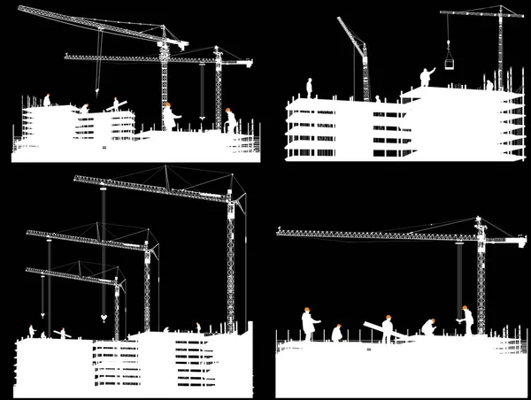 Quatre bâtiments de maison blanche et grues — Image vectorielle