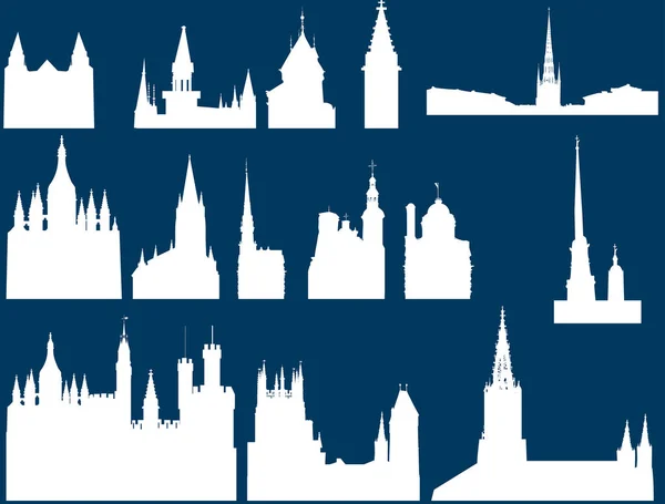 Sammlung von Kirchensilhouetten isoliert auf blau — Stockvektor