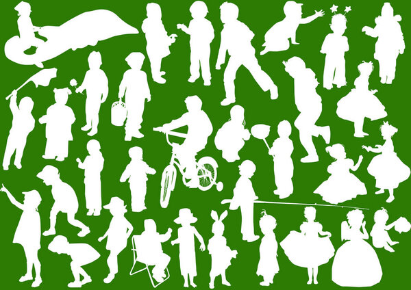 illustration with child silhouettes collection isolated on green background