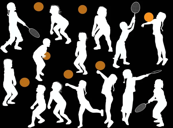 Fourteen playing child white silhouettes — Stock Vector