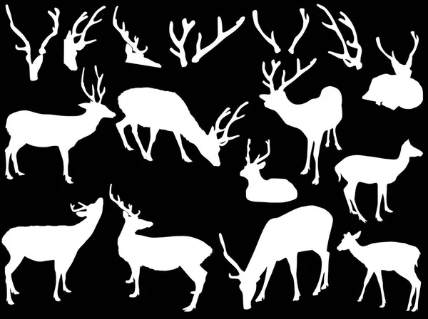 Ten deer and antler silhouettes isolated on black — Stock Vector