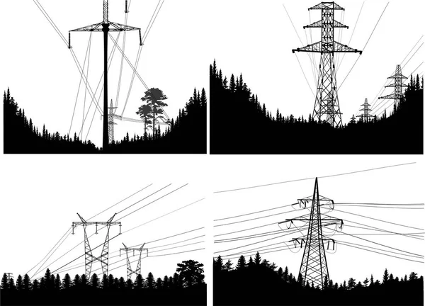 Quatro composições com postes de energia elétrica na floresta —  Vetores de Stock