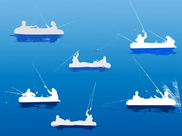 Zestaw sześciu łodzi z rybaków na niebiesko — Wektor stockowy