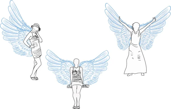 Tre disegni angelo su bianco — Vettoriale Stock