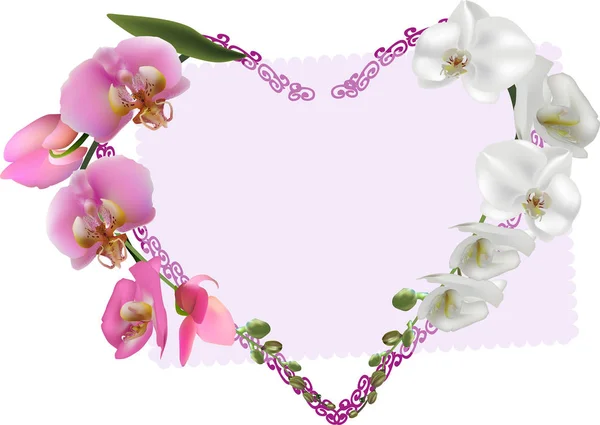 Símbolo de coração de flores de orquídea brancas e rosa — Vetor de Stock
