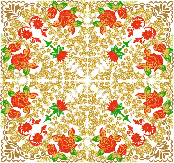 Quadrato decorato in oro con rose rosse — Vettoriale Stock