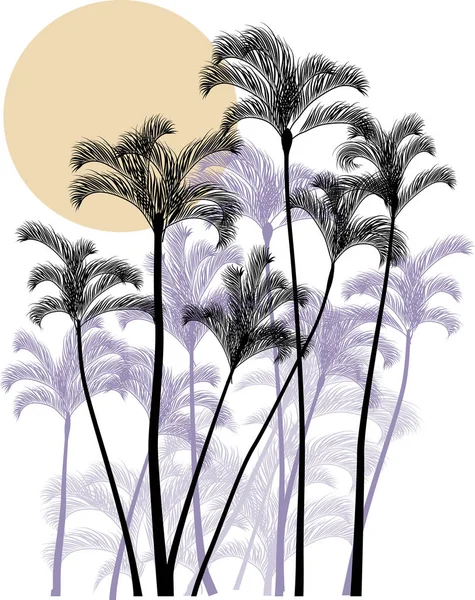 Grand groupe de palmiers et soleil sur blanc — Image vectorielle