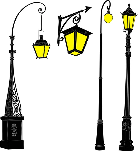 Decorado cuatro faroles de la calle colección — Vector de stock