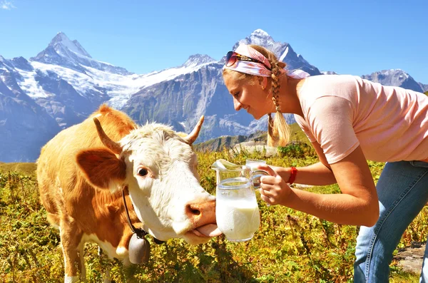 Menina com leite e vaca — Fotografia de Stock