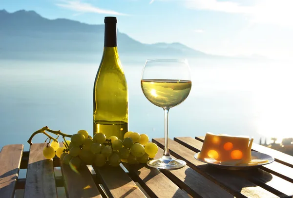 Wine and grapes against lake — Stock Photo, Image