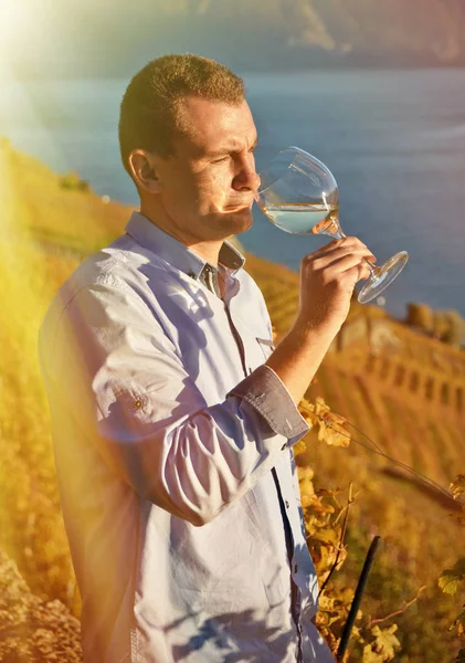 Mann trinkt Wein aus Glas in Lavaux — Stockfoto