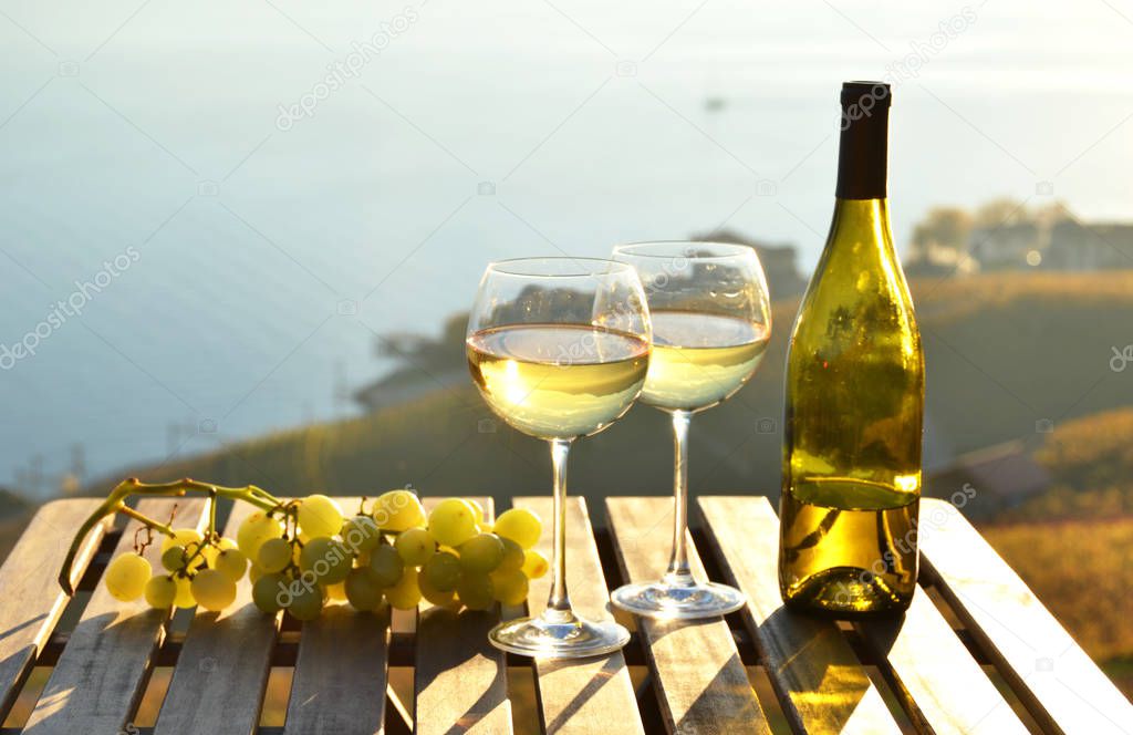 Wine and grapes against Geneva lake