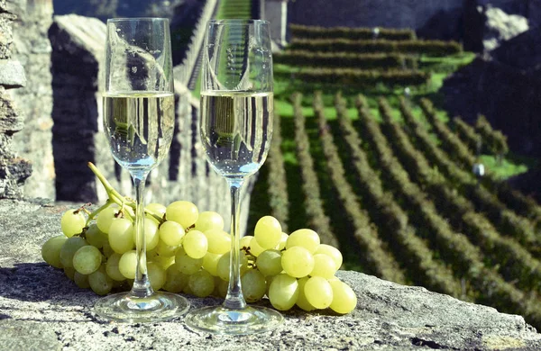 Champagne glasses and grapes — Stock Photo, Image