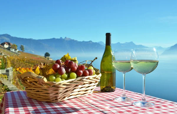 Wine and grapes against Geneva lake, Switzerland — Stock Photo, Image