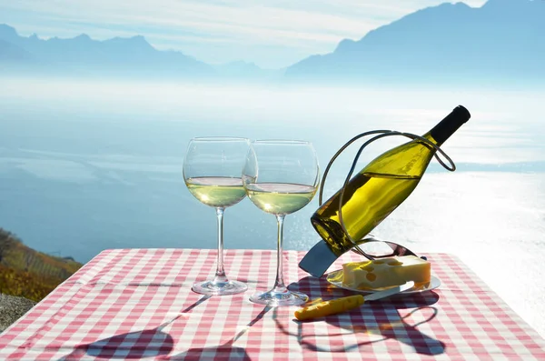 Vino bianco contro il lago di Ginevra. Regione di Lavaux, Svizzera — Foto Stock