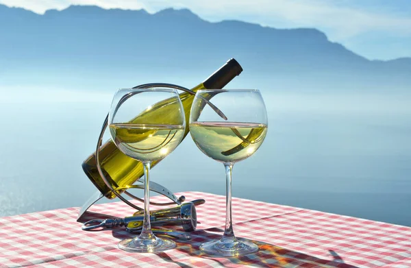 White wine against Geneva lake. Lavaux region, Switzerland — Stock Photo, Image