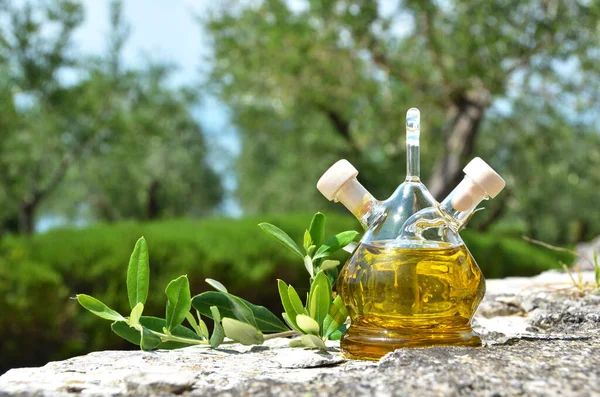 Bouteille d'huile d'olive dans l'oliveraie. Sirmione, Italie — Photo