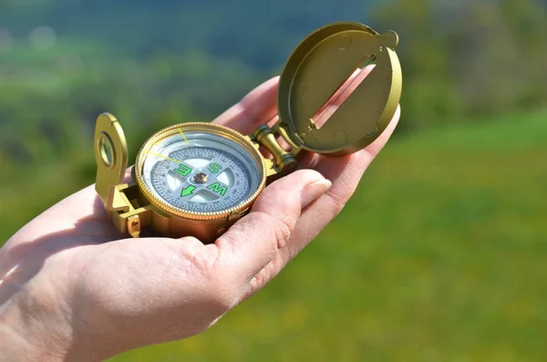 Closeup Compass Female Hand — Stock Photo, Image