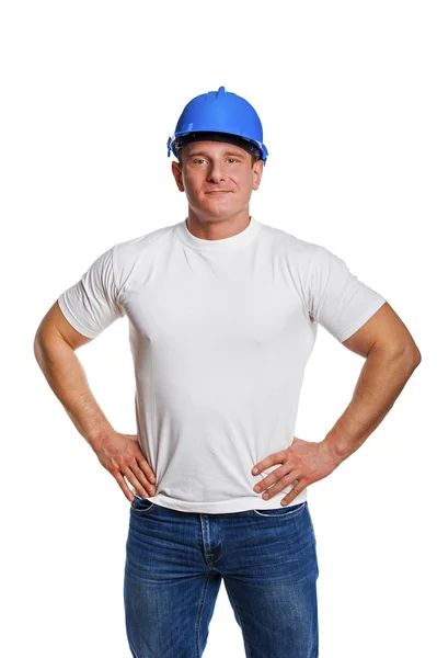 작업자 남자 헬멧과 웃 고 절연. — 스톡 사진