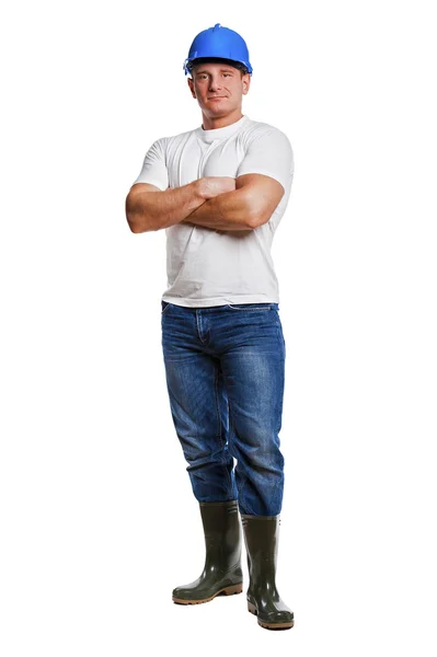 Worker man isolated with helmet and smiling. Crosed arms. — Stock Photo, Image
