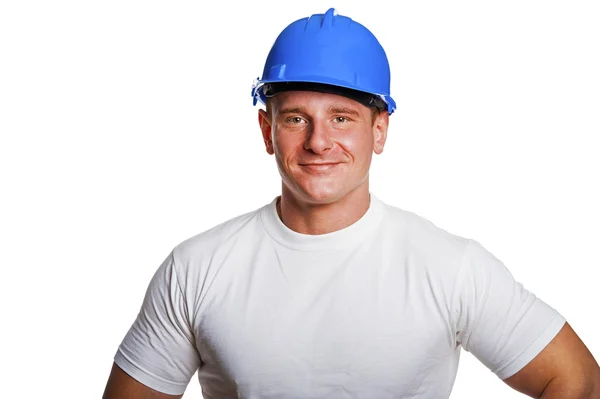 Портрет человека в шлеме, рабочая белая рубашка . — стоковое фото