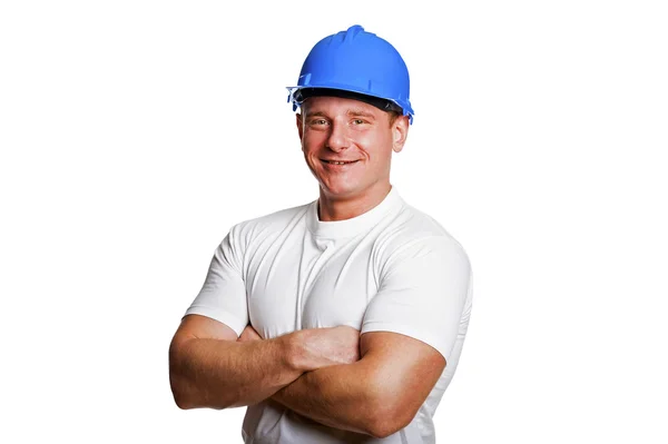 Portriat of man with helmet, worker white shirt. Crossed arms. — Stock Photo, Image