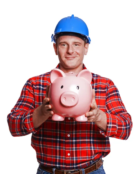 Construction man isolated with piggy bank. — Stock Photo, Image