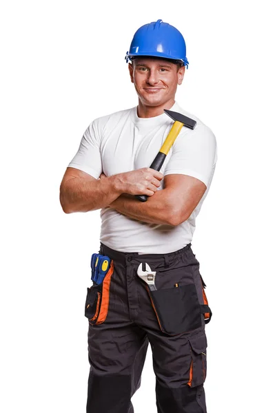 Smiling handyman on white background fine portrait. — Stock Photo, Image