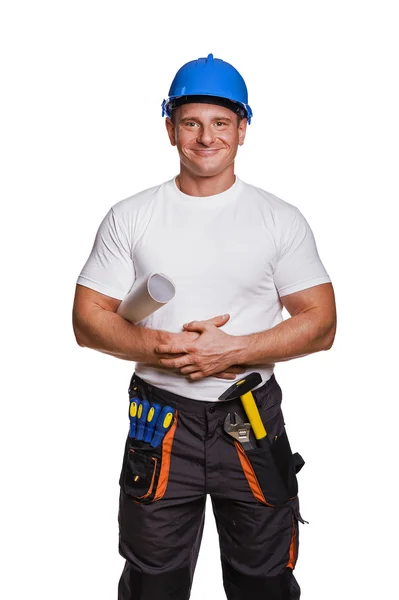 S úsměvem údržbář na bílém pozadí jemné portrét drží plány — Stock fotografie