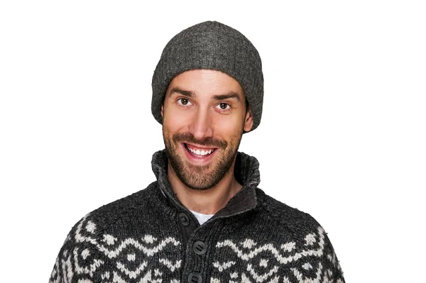 Na co dzień człowiek w zimowe czapki i ciepłe ubrania. na białym tle na biały bac — Zdjęcie stockowe