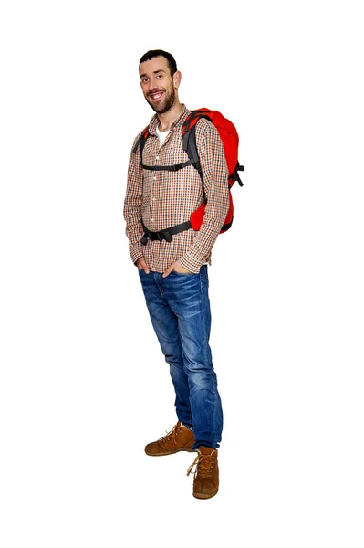 Backpacker muž izolované na bílém pozadí — Stock fotografie
