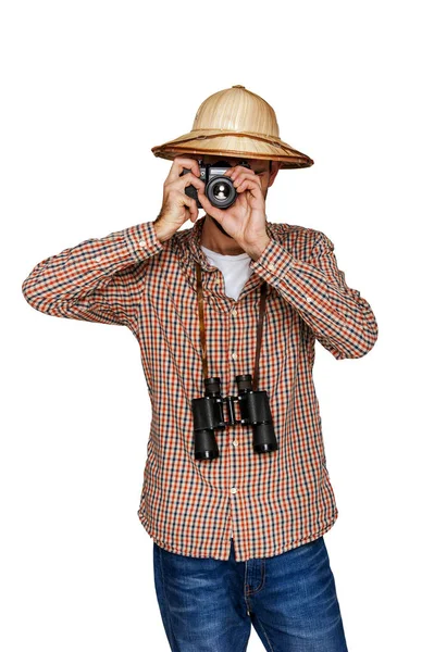 Homem com câmera isolada sobre fundo branco — Fotografia de Stock