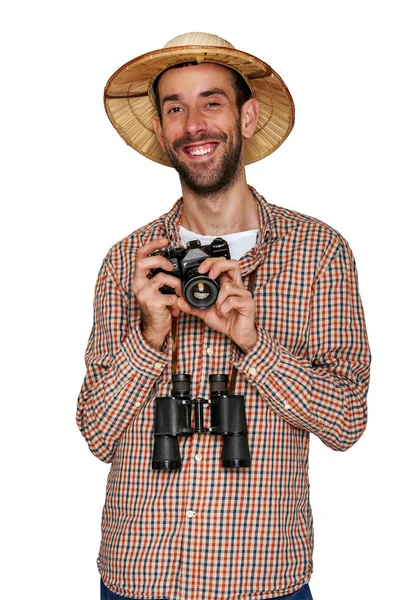 Homem com câmera isolada sobre fundo branco — Fotografia de Stock