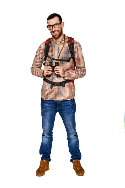 Backpacker uomo isolato su sfondo bianco — Foto Stock