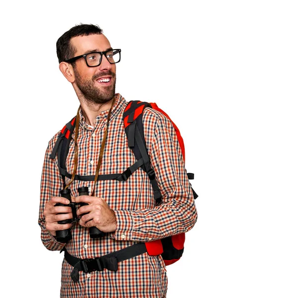 Backpacker hombre aislado sobre fondo blanco — Foto de Stock